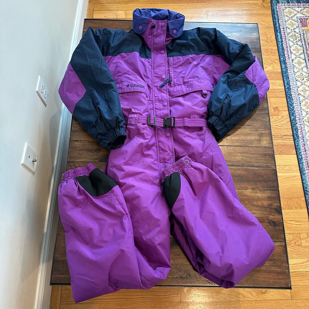 Vintage 90s Columbia purple navy blue color block full ski snowboard jumpsuit M